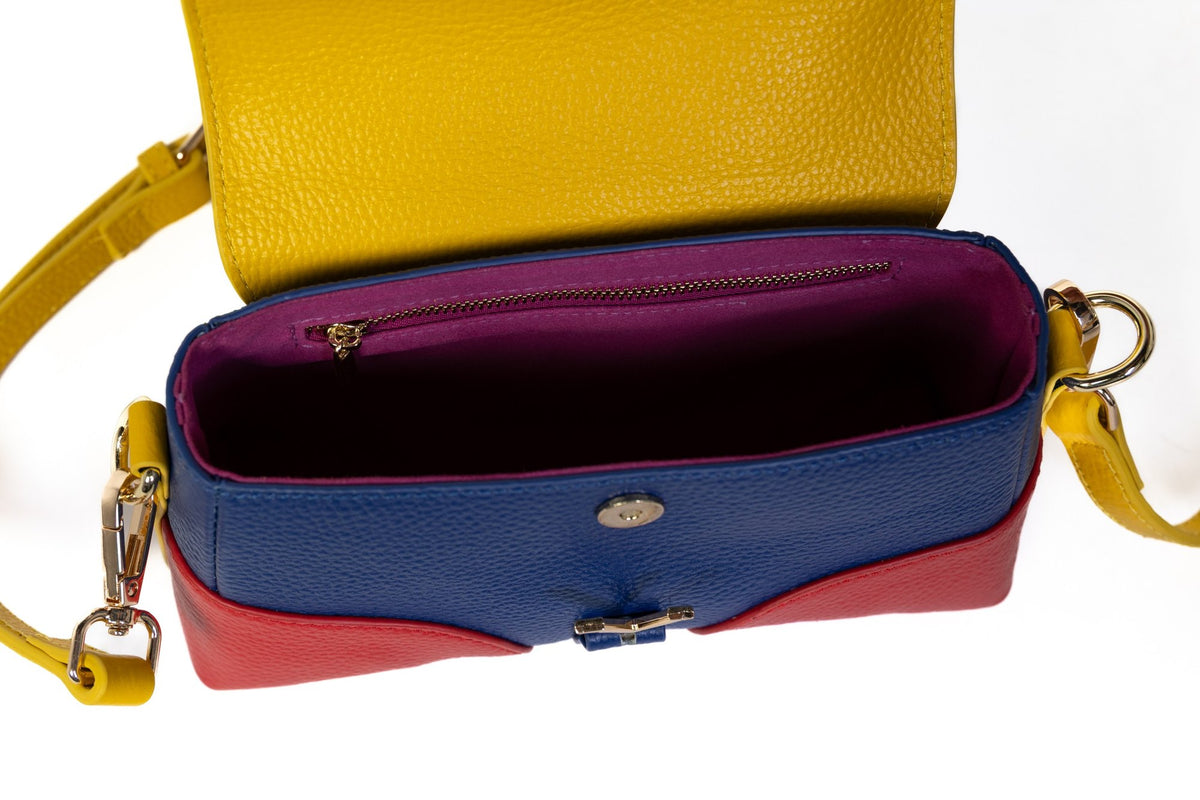 Sac Cartagena Maison HOYOS, cuir tricolore moutarde, marine et rouge