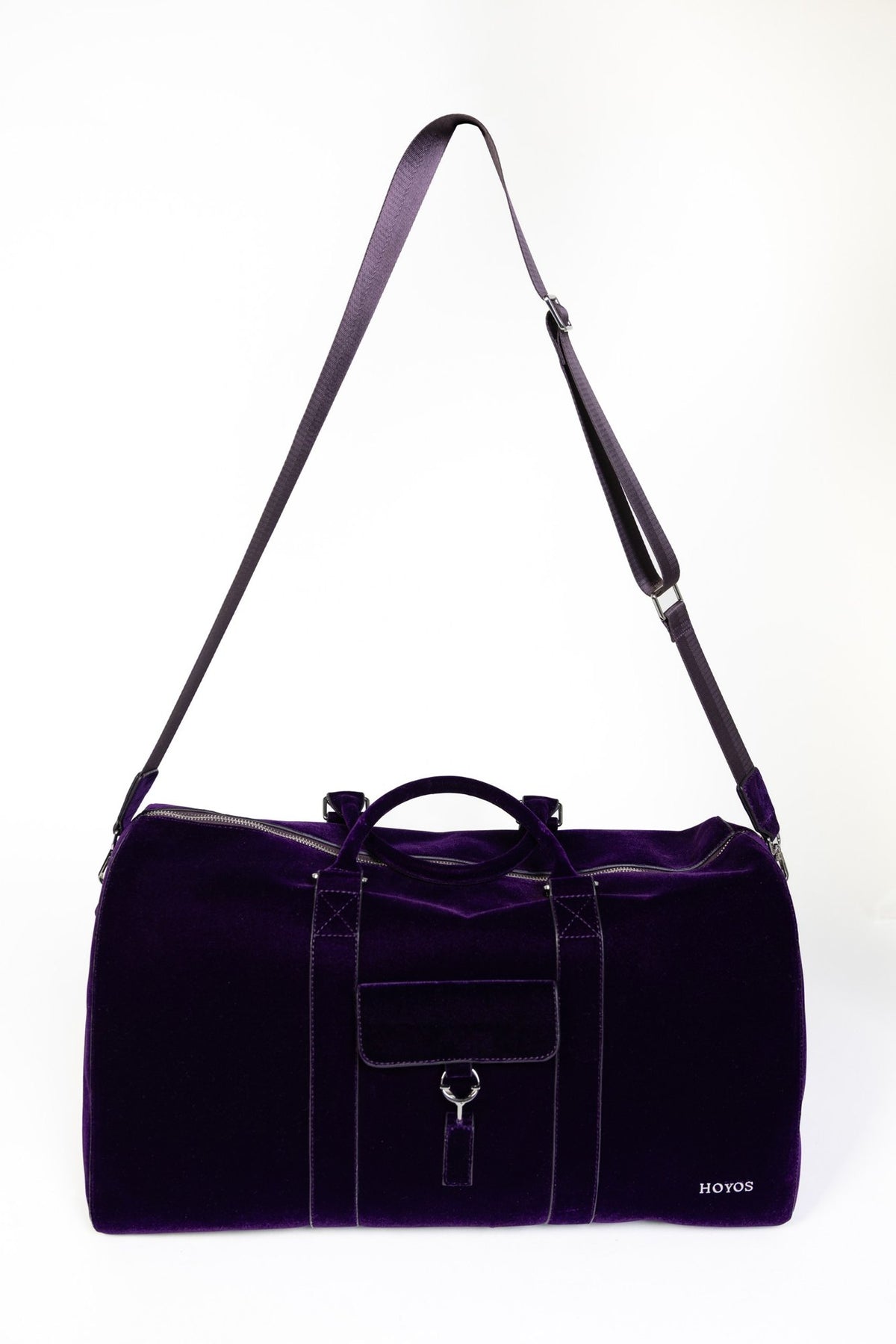 Sac Simón Maison HOYOS, sac de voyage en velours prune profond, fermoir en Y
